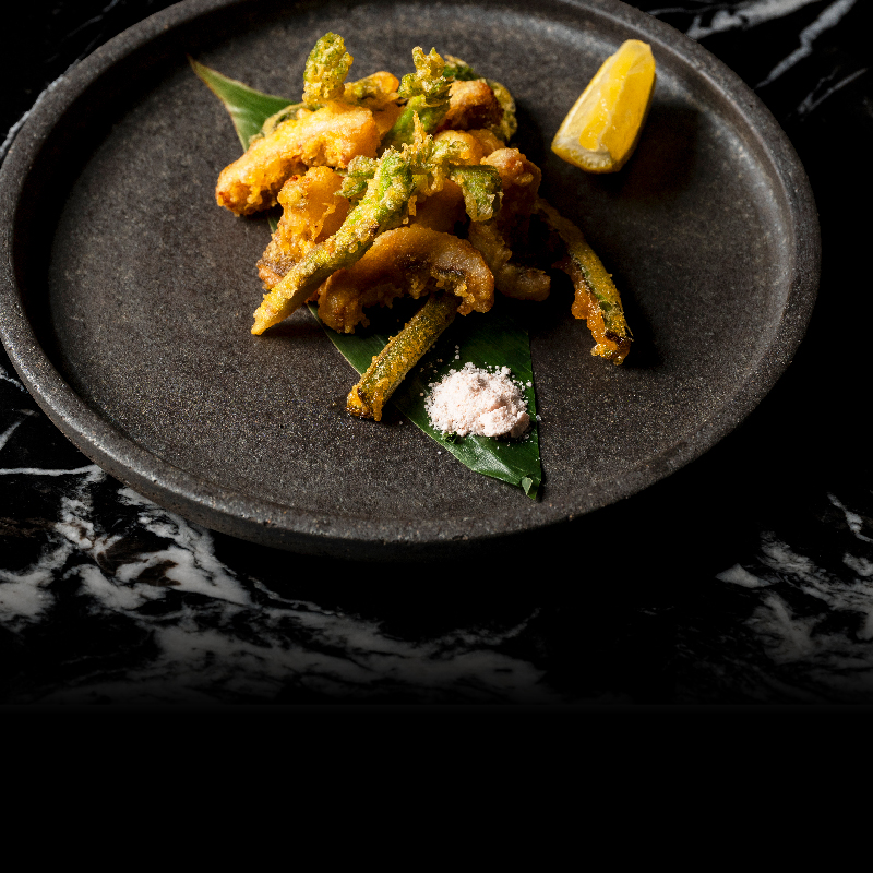 山菜とメバルのフリット　梅塩添え